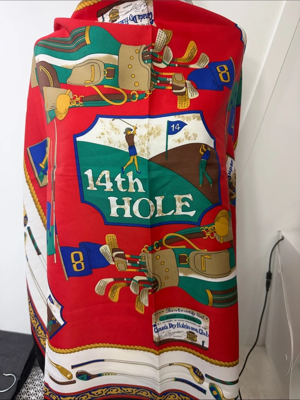 Vintage Brooks Brothers Red Golf-Themed Silk Scarf with Green, Blue & Gold